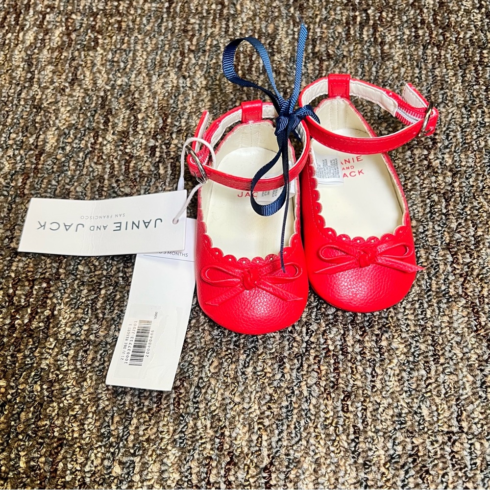Janie and Jack Girls Newborn Valentine Baby Bow Buckle Flat Shoes Red Size 0-3M
